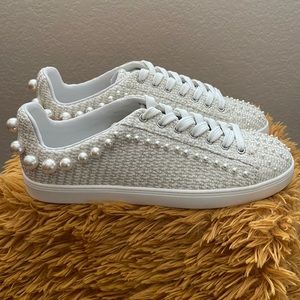 Stuart Weitzman tweed & pearl sneaker shoes sz 8.5 New!